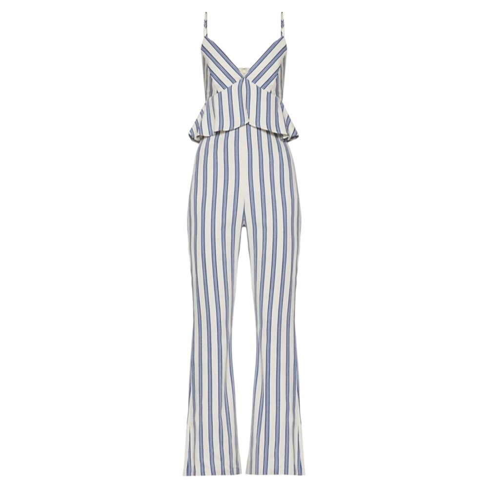 BCBGeneration Blue Striped Peplum Jumpsuit Size 12 NWT